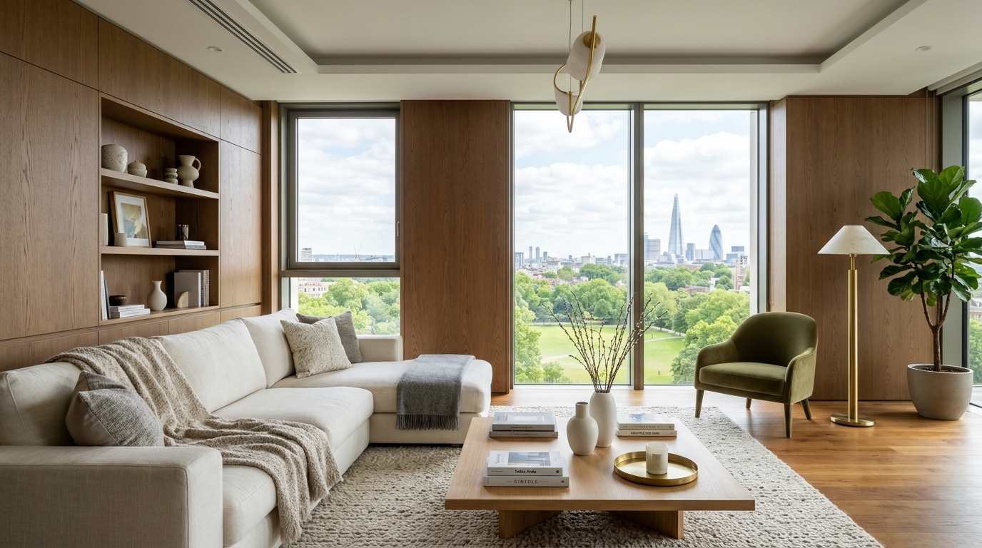 Contemporary apartment living room with expansive daylight windows