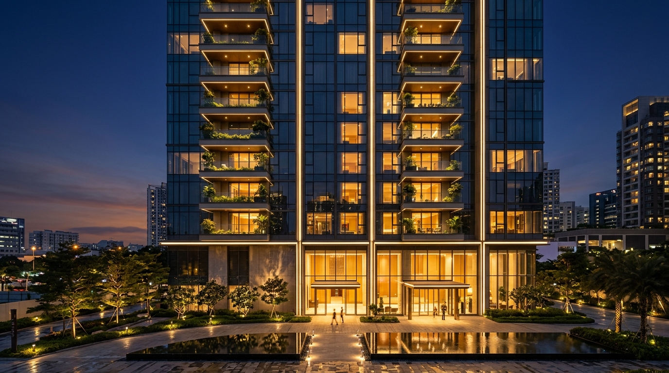 Saya Gold Heights contemporary night architecture with ambient illumination