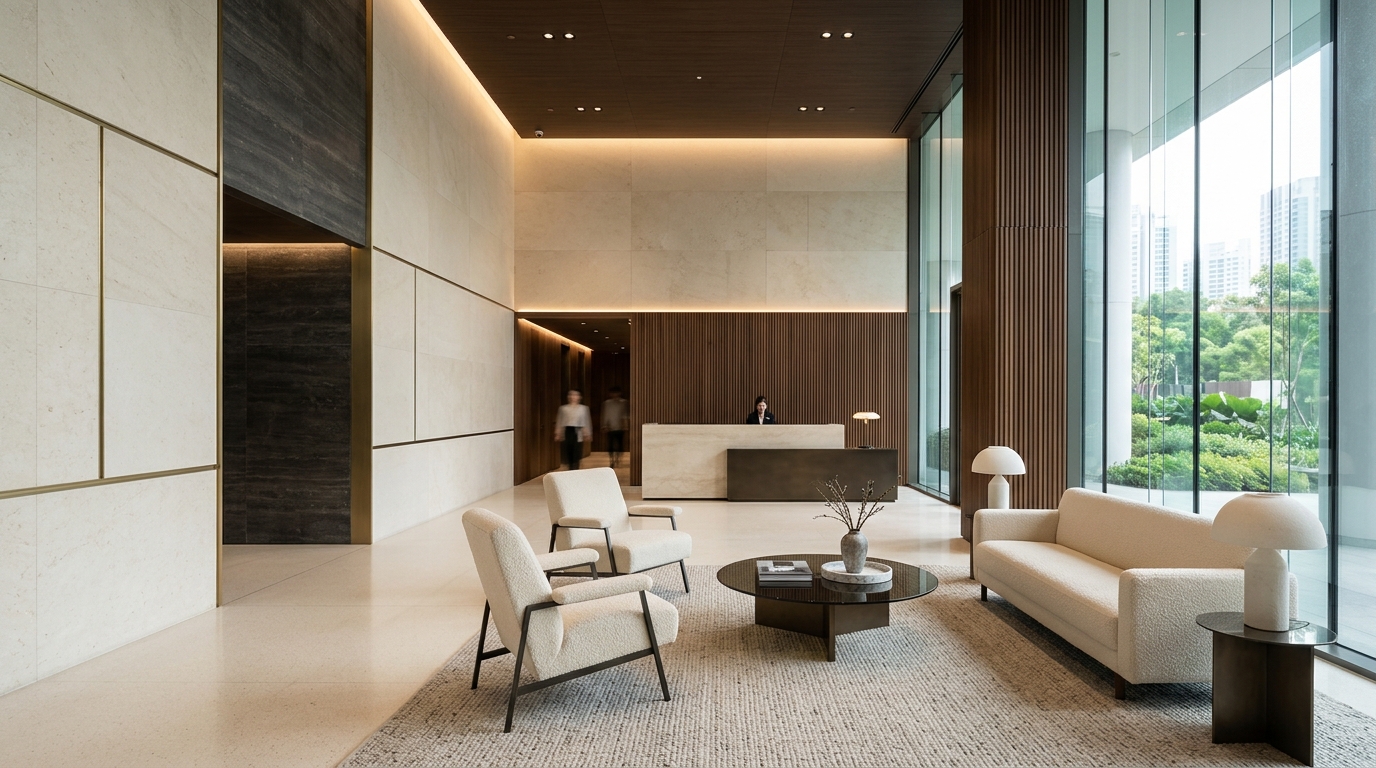 Modern reception lobby and entrance spaces at Saya Gold Heights